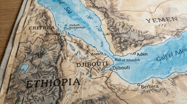 Close up view of a vintage paper map showing the horn of africa including djibouti ethiopia eritrea yemen and the red sea with tan land masses and blue water bodies on a wooden surface