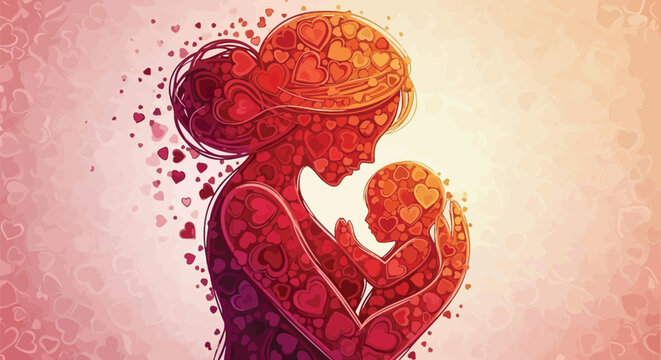 Mother holding baby made of hearts in a loving embrace