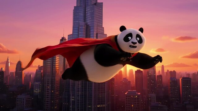 Superhero Panda Flying Over City at Sunset