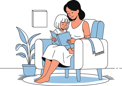 Mother reading book to little child sitting on her lap together