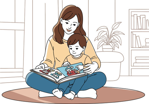 Mother and child sitting on floor reading colorful illustrated book together