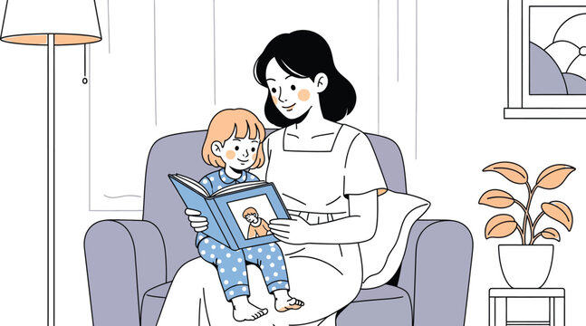 Mother and child sitting on couch reading a book together indoors