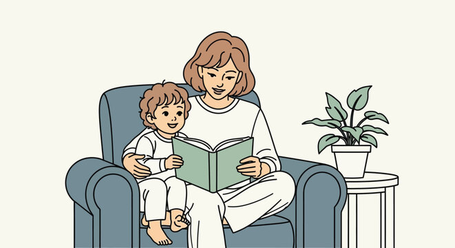 Mother reading a book with her little son on her lap sitting on a chair