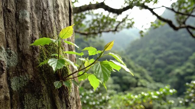Closeup of new green leaves sprouting from a large tree trunk in a lush forest.
