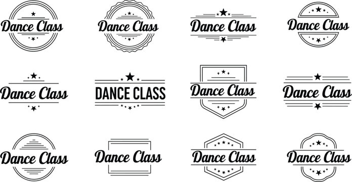 This image displays various black and white logo designs all centered around the text dance class in different badge shapes high quality professional