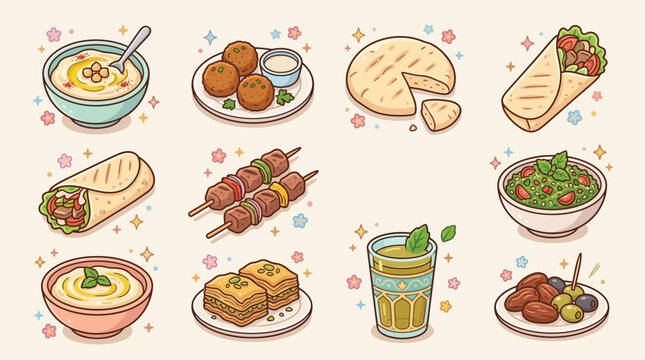 A vibrant collection of cartoon-style Middle Eastern and Mediterranean dishes including hummus, falafel, kebabs, pita bread, wraps, baklava, and mint tea.