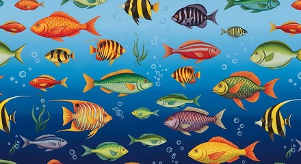 Obraz premium Colorful fish swimming in an underwater world with bubbles