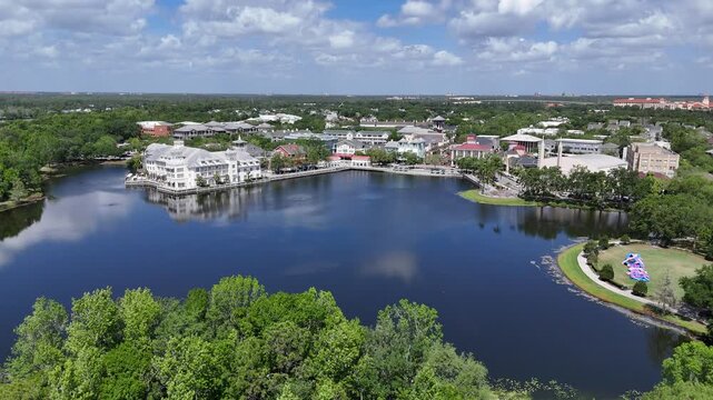 Aerial view of downtown Celebration along Lake Rianhard in Kissimmee just south of Orlando, Florida. 