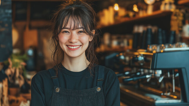 明るい雰囲気のコーヒーショップでいきいきとした笑顔を見せる女子大学生スタッフの爽やかな仕事風景