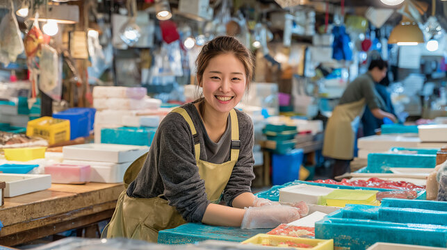 早朝の魚市場で箱詰め作業を行う女性スタッフの明るい表情と働きがいを感じる求人募集イメージ