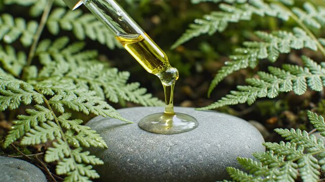 Close-Up Of Amber Colored Oil Dropping From Pipette Onto Smooth Grey Stone Surrounded By Lush Green Ferns Natural Organic Skincare Formulation Concept
