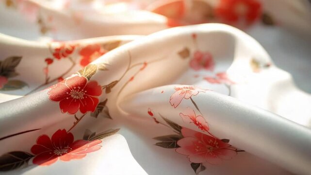 Elegant silk fabric with vibrant cherry blossom pattern and soft folds