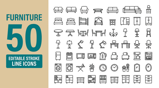 Furniture icons set with editable stroke line style