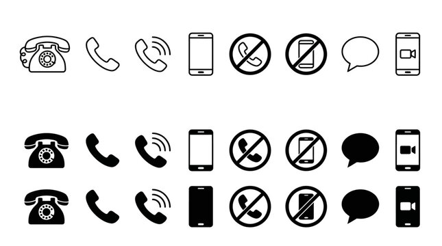 Black and white phone icons set including old rotary phones mobile devices with call signs and no call symbols