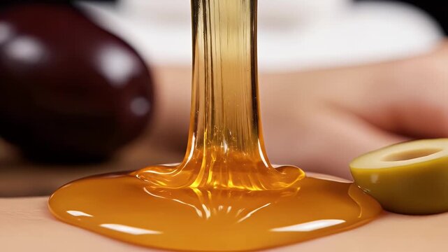 Close up of golden honey dripping from wooden spatula onto skin with olive slice and dark oval object in background Soft natural lighting and shallow depth of field