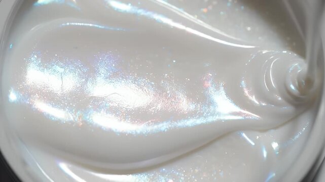Close up of viscous pearlescent liquid with shimmering iridescent glitter swirling in a white container illuminated by soft studio lighting creating a mesmerizing texture background