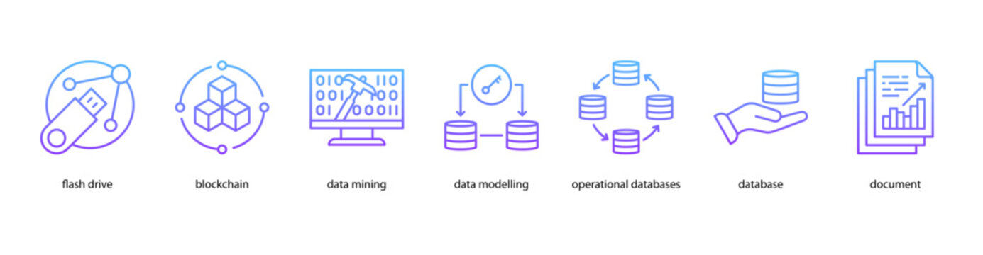 Digital Infrastructure web banner icon vector illustration featuring Flash Drive, Blockchain, Data Mining, Data Modelling, Operational Databases, Database, and Document.