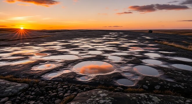 Serene Mudflat Landscape at Sunset with Reflections.