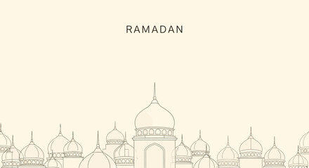 Fototapeta premium Ramadan Kareem mosque domes skyline illustration, Islamic holy month celebration, minimalist beige background