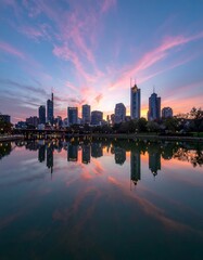Fototapeta premium Melbourne skyline reflecting in Yarra River at sunset with vibrant sky.