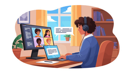 Obraz premium Young person in headphones attending online meeting on laptop and computer screen