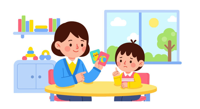 Teacher showing flashcards to a child, educational activity in classroom