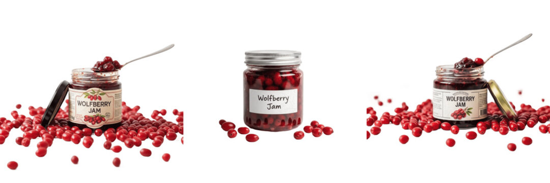 Wolfberry jam jar with wolfberries isolated on white background, Lycium barbarum goji berry preserve, 枸杞子 goji berry fruit jam packaging mockup