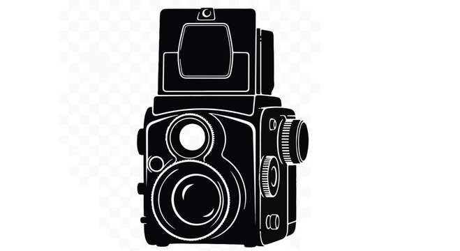 Vintage twin-lens reflex camera silhouette on a checkered background.