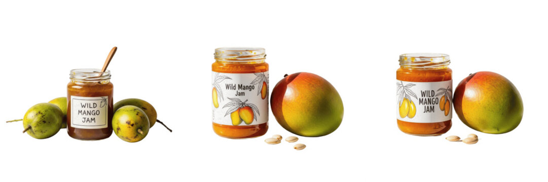 Wild mango jam jar with wild mango fruit isolated on white background, Mangifera sylvatica forest mango preserve, wild mango tropical fruit jam packaging mockup
