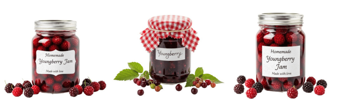 Youngberry jam jar with youngberries isolated on white background, Rubus ursinus hybrid berry preserve, youngberry fruit jam berry blend packaging mockup