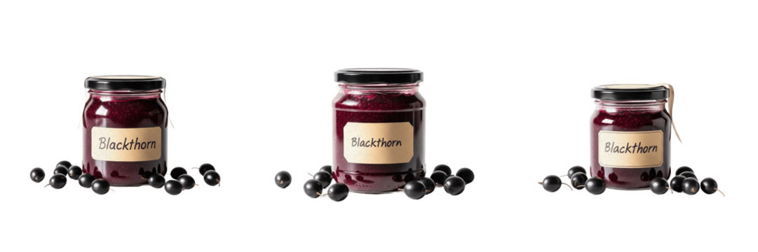 Blackthorn jam jar with blackthorn berries isolated on white background, Prunus spinosa sloe berry preserve, sloe fruit jam packaging mockup