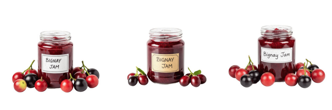 Bignay jam jar with bignay fruit isolated on white background, Antidesma bunius tropical berry preserve, bignay Philippines fruit jam packaging mockup