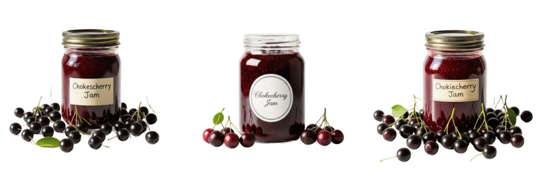 Chokecherry jam jar with chokecherries isolated on white background, Prunus virginiana North American berry preserve, chokecherry fruit jam packaging mockup