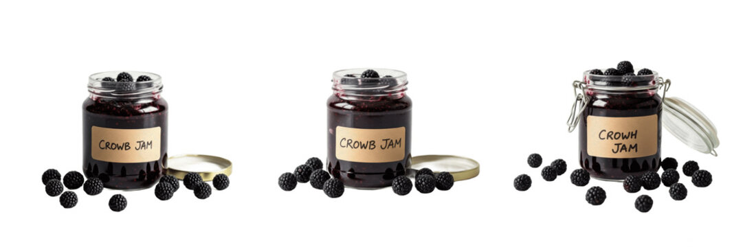 Crowberry jam jar with crowberries isolated on white background, Empetrum nigrum arctic berry preserve, black crowberry fruit jam packaging mockup
