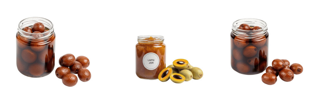 Lapsi jam jar with lapsi fruit isolated on white background, Choerospondias axillaris Nepal hog plum preserve, lapsi fruit jam packaging mockup