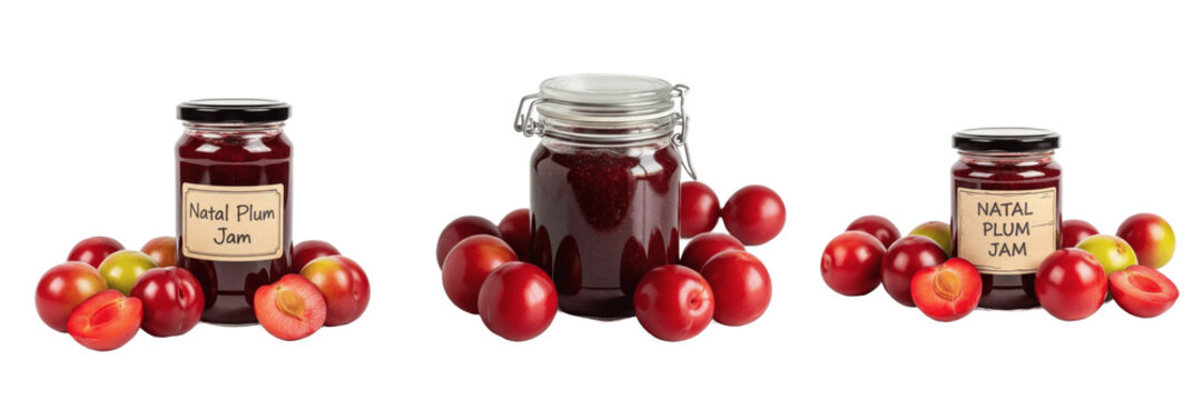 Natal plum jam jar with natal plums isolated on white background, Carissa macrocarpa num num fruit preserve, South African natal plum jam packaging mockup