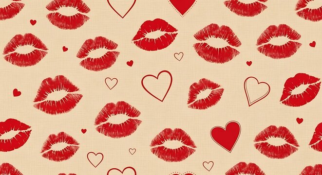 Red lipstick kiss marks and hearts pattern on light beige background design
