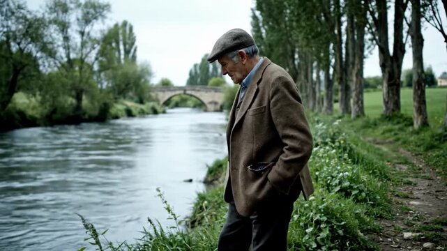 An older man in a brown jacket walks along a riverbank, lost in thought on a serene day.