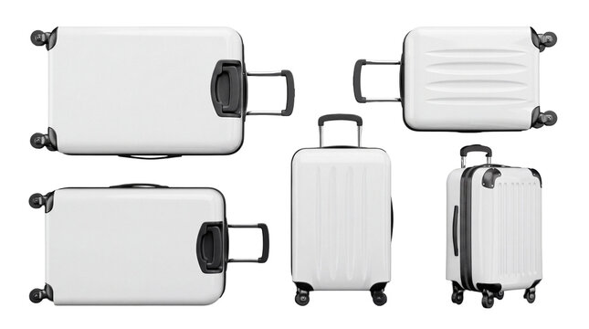 Set of white hard shell suitcases with wheels and telescopic handles isolated on white background, collection of modern travel luggage and plastic carry-on bags from different angles