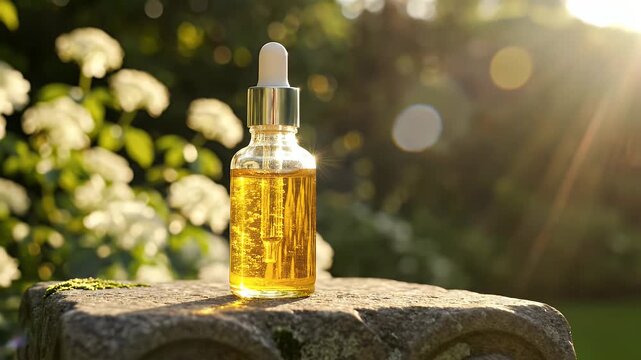 Golden Elixir Dropper Bottle Rests On Textured Stone Pedestal Amidst Lush Greenery and White Wildflowers With Warm Sunlight Glinting Through Leaves Creating A Serene Outdoor Ambiance