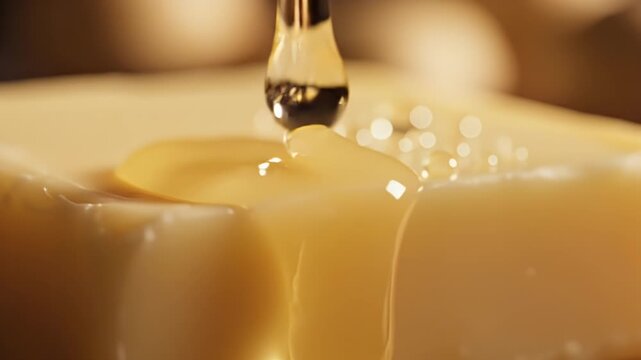 Golden Honey Dripping onto Creamy Butter Close Up Macro Shot with Shallow Depth of Field and Soft Bokeh Background in Warm Lighting
