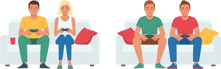 Young people sitting on a sofa playing video games with controllers for home entertainment and leisure activity concept. © Shorif