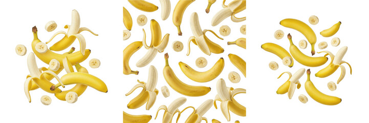 Bananas and banana slices flying isolated on white background, Musa acuminata and Musa paradisiaca fruit segments, peeled bananas and circular slices in motion, tropical fruit composition stock style © Sweet