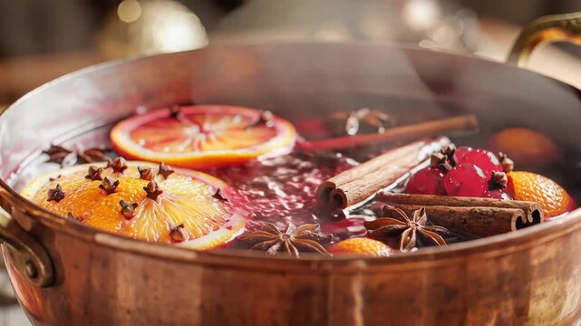 Warm Mulled Wine Simmering in Copper Pot with Spices and Citrus.