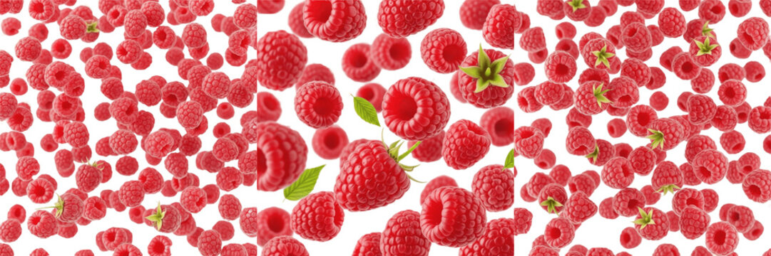 Raspberries flying composition isolated on white background, Rubus idaeus aggregate drupelets and hollow core berries in motion, whole and broken raspberries dynamic arrangement