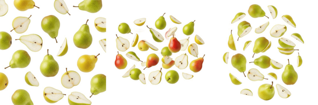 Pears and pear slices flying composition isolated on white background, Pyrus communis fruit wedges and whole pears, smooth green and yellow pear pieces in motion