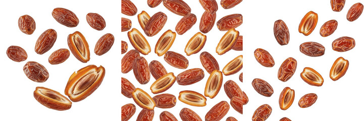 Obraz premium Dates whole and split flying composition isolated on white background, Phoenix dactylifera dried fruit with glossy brown skin and split interiors showing fibrous texture