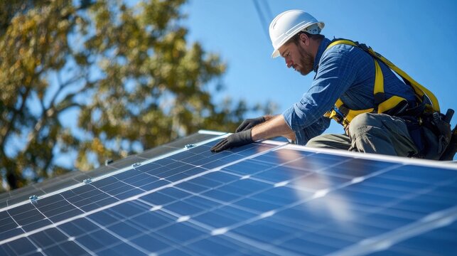A worker in a hard hat installing solar panels on a roof