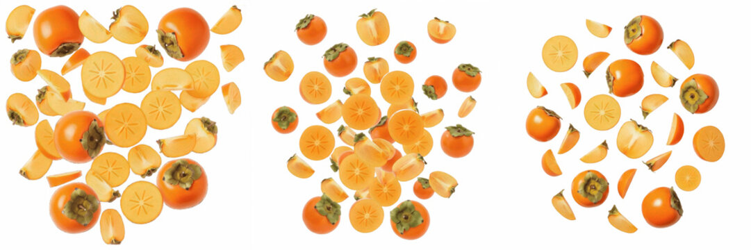 Persimmons and slices flying composition isolated on white background, Diospyros kaki fruit wedges with orange flesh and smooth skin, sliced rounds and halves in motion