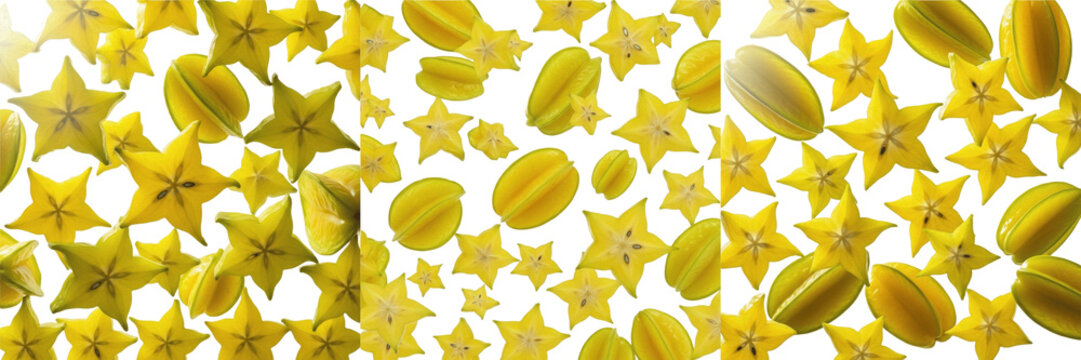 Star fruits sliced flying composition isolated on white background, Averrhoa carambola star-shaped cross sections with glossy yellow skin and translucent flesh segments
